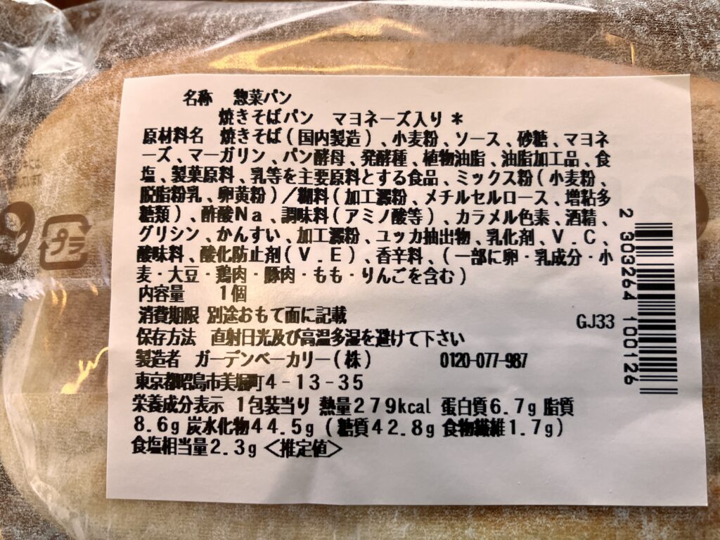 ソースがきめての焼きそばパン栄養成分